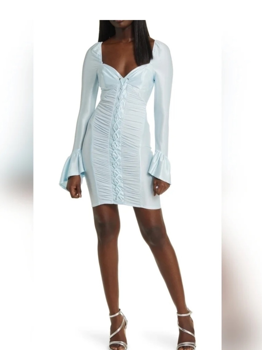 ASOS Light Blue Lace-Up Satin Ruched Mini Dress